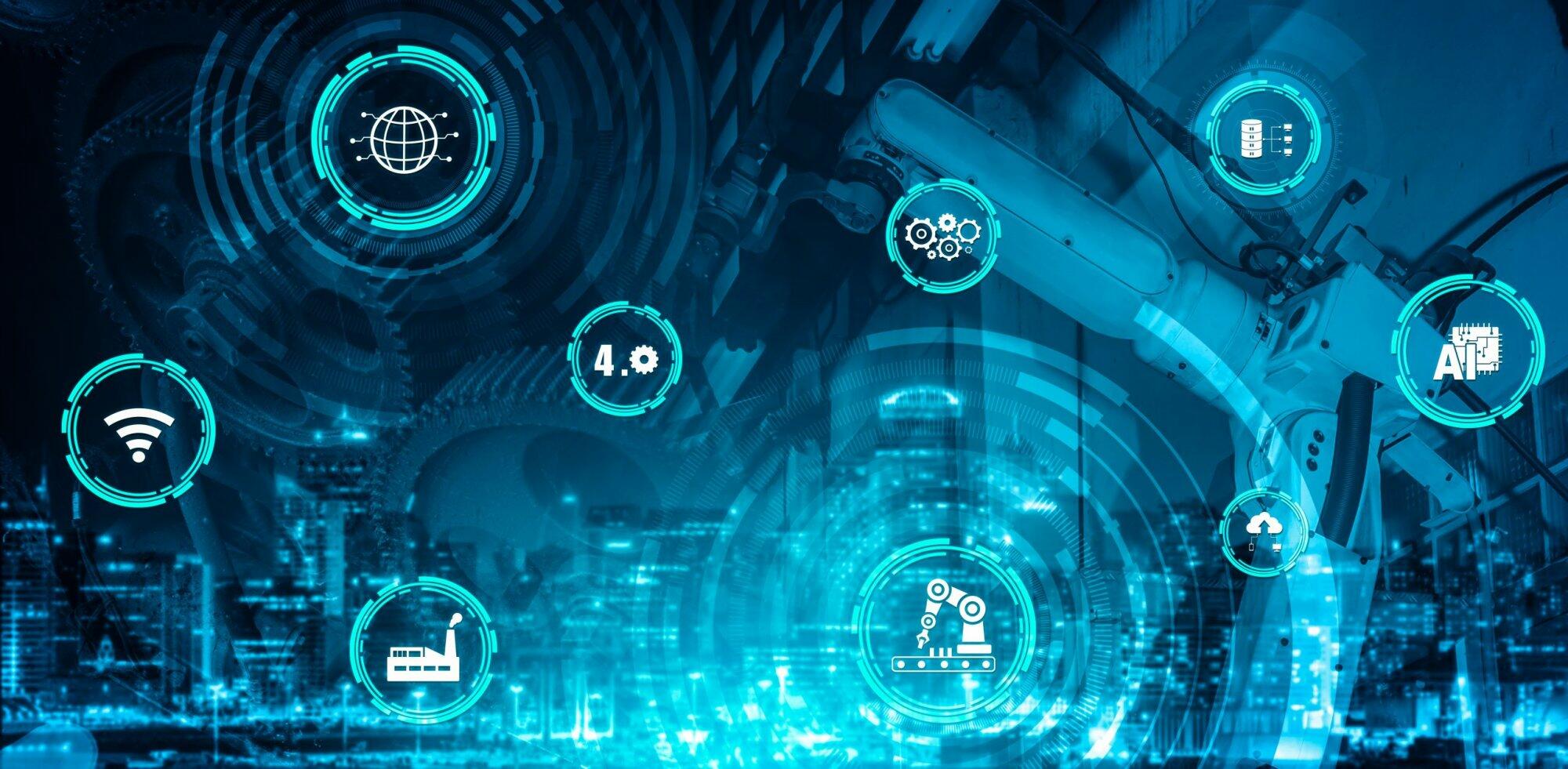 Industry 4.0 technology concept - Smart factory for fourth industrial revolution with icon graphic showing automation system by using robots and automated machinery controlled via internet network .