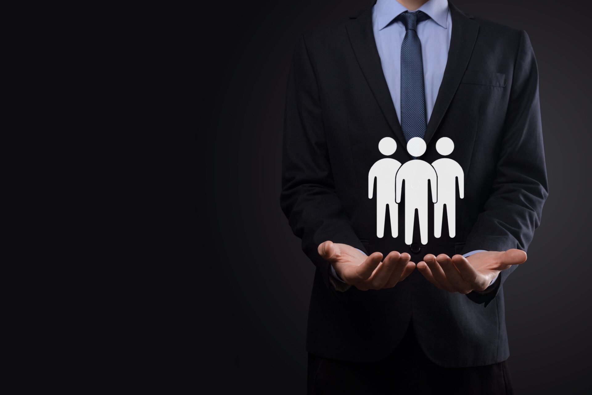 Businessman hold teamwork icon. Building a strong team. people icon. Human resources and management concept. social networking, assessment center concept, personal audit or CRM concept